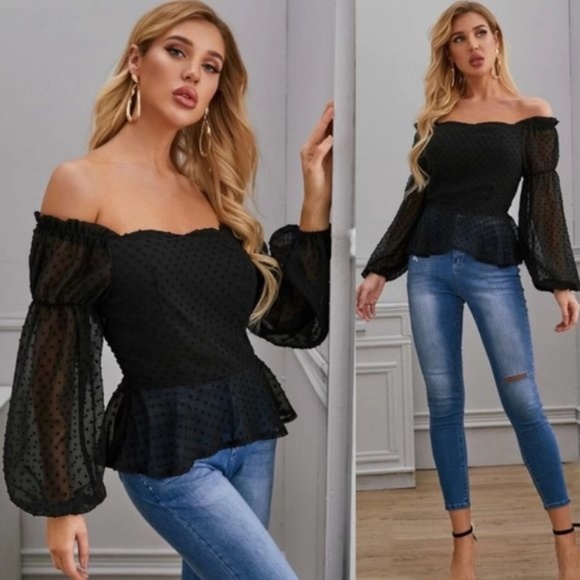 Off Shoulder Swiss Dot wide sleeve black top - Picture 2 of 4